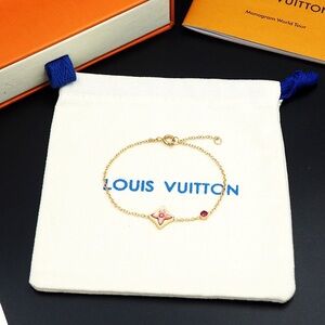 Louis Vuitton Gold Chain Bracelet with Pink Enamel Monogram and Ruby Accent